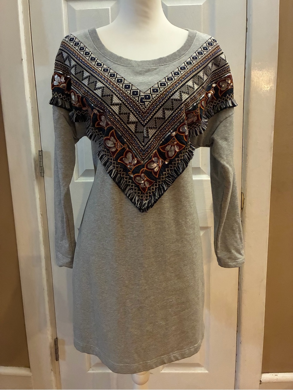 Boston Proper Gray Aztec Embroidered Sequin Fringe Boho Sweater Mini Dress Sz M